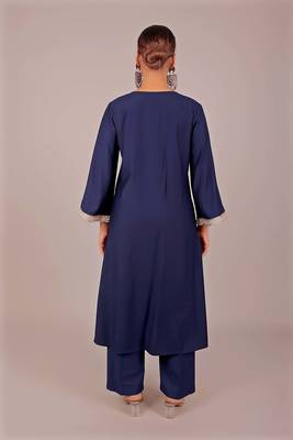 Women's royal blue kurti pajama set - embroidery patch on sleeve 3