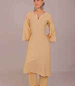 Women's beige kurti pajama set - embroidery patch on sleeve