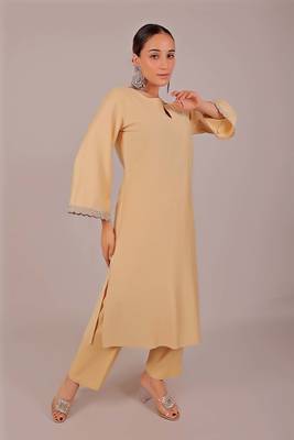Women's beige kurti pajama set - embroidery patch on sleeve 3