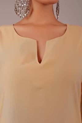Women's beige kurti pajama set - embroidery patch on sleeve 4