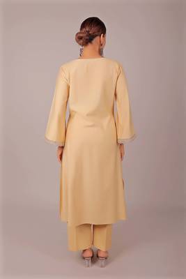 Women's beige kurti pajama set - embroidery patch on sleeve 5