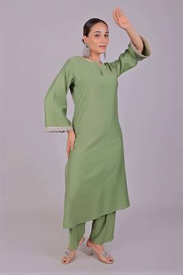 Women's light green kurti pajama set - embroidery patch on sleeve 4