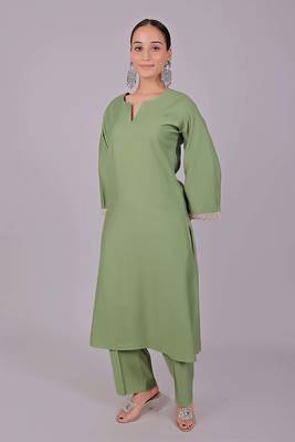 Women's light green kurti pajama set - embroidery patch on sleeve 5