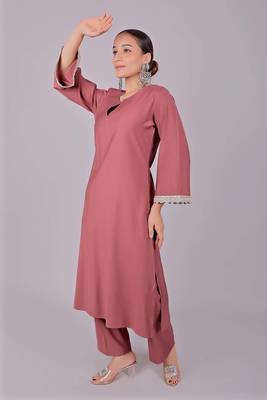 Women's mauve kurti pajama set - embroidery patch on sleeve 1