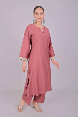 Women's mauve kurti pajama set - embroidery patch on sleeve 5