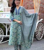Grey Floral Indian Traditional Straight Salwar Kameez Kurti Pant Set for Women Embroidery Hand Work