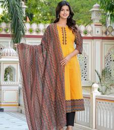 Yash gallery women's cotton geometric print anarkali kurta with dupatta set (mustard)