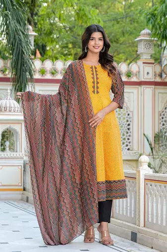  women's cotton geometric print anarkali kurta with dupatta set (mustard)