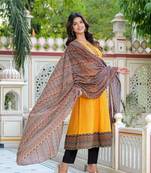 Yash gallery women's cotton geometric print anarkali kurta with dupatta set (mustard)