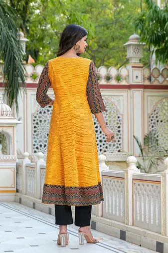  women's cotton geometric print anarkali kurta with dupatta set (mustard)