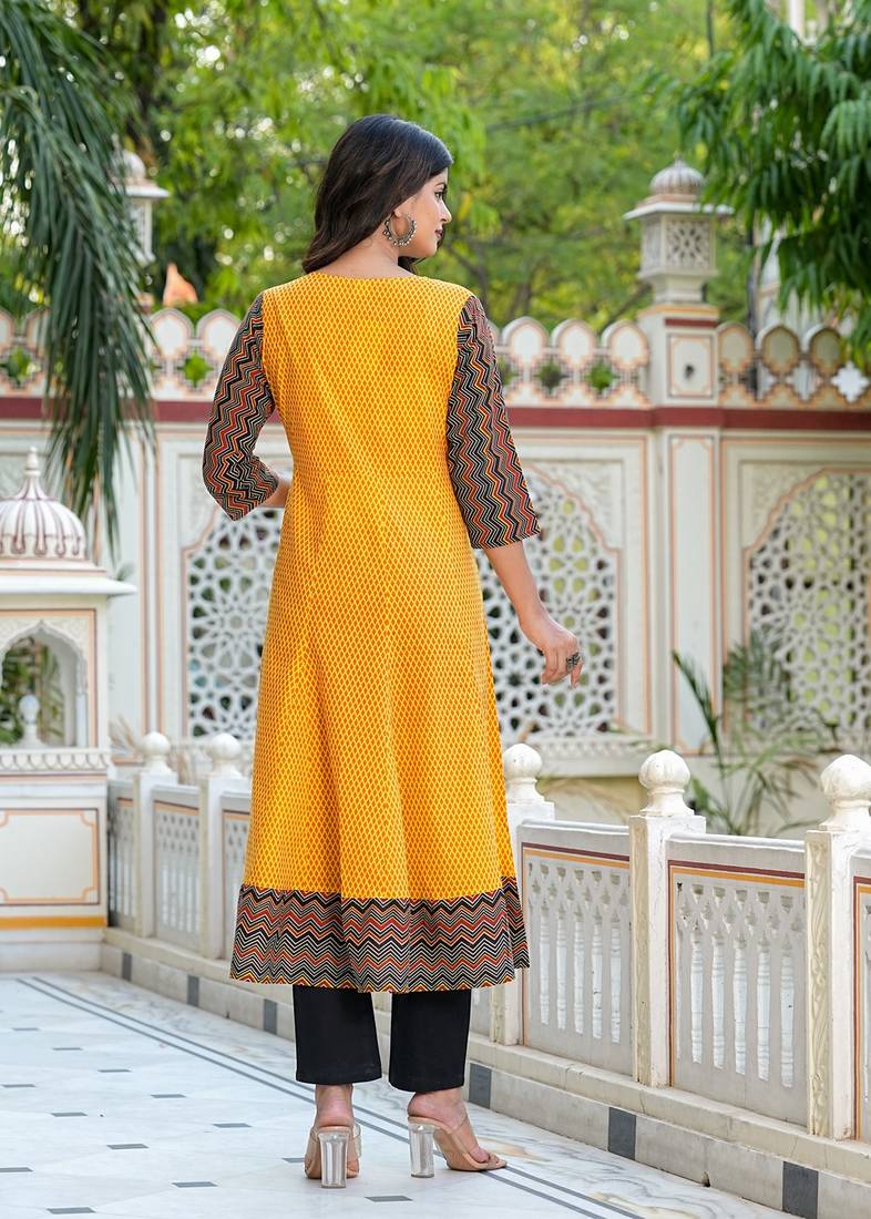 Yash gallery women's cotton geometric print anarkali kurta with dupatta set (mustard)