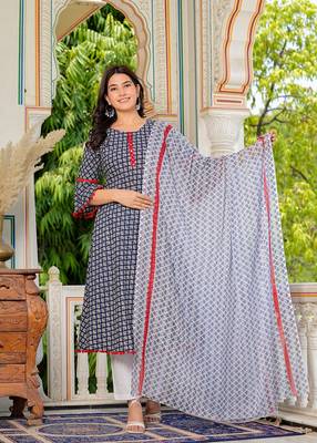  women's cambric cotton printed mirror work a-line kurta with dupatta set (blue) 2