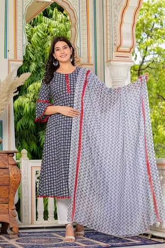  women's cambric cotton printed mirror work a-line kurta with dupatta set (blue)