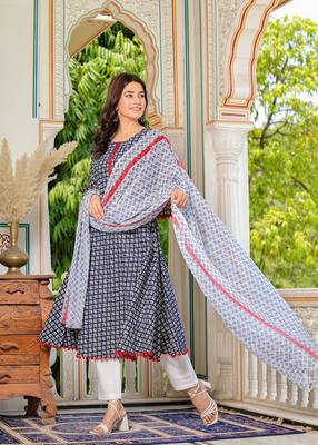  women's cambric cotton printed mirror work a-line kurta with dupatta set (blue) 3