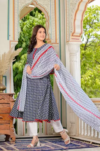  women's cambric cotton printed mirror work a-line kurta with dupatta set (blue)