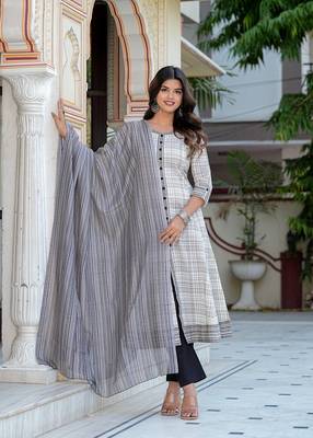 Yash gallery women's cotton slub geomatrical printed anarkali kurta & dupatta set 1