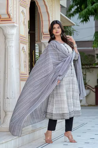 Yash gallery women's cotton slub geomatrical printed anarkali kurta & dupatta set
