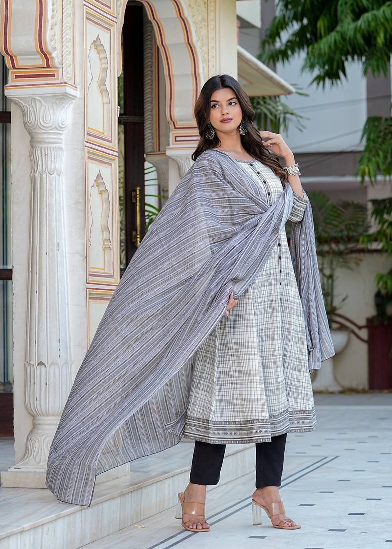 Yash gallery women's cotton slub geomatrical printed anarkali kurta & dupatta set