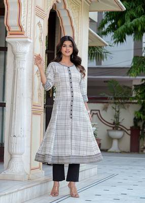 Yash gallery women's cotton slub geomatrical printed anarkali kurta & dupatta set 4