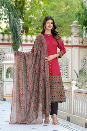  women's rayon & cotton cambric zig-zag printed a-line kurta with dupatta set