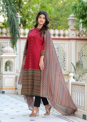  women's rayon & cotton cambric zig-zag printed a-line kurta with dupatta set 3
