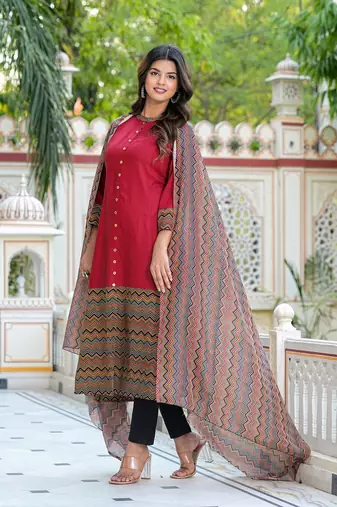  women's rayon & cotton cambric zig-zag printed a-line kurta with dupatta set