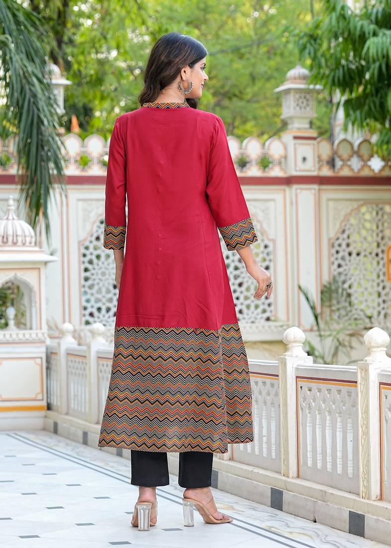 Yash gallery women's rayon & cotton cambric zig-zag printed a-line kurta with dupatta set