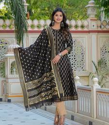 Yash gallery women's cotton gold print anarkali kurta with dupatta set (black)