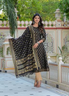  women's cotton gold print anarkali kurta with dupatta set (black) 2