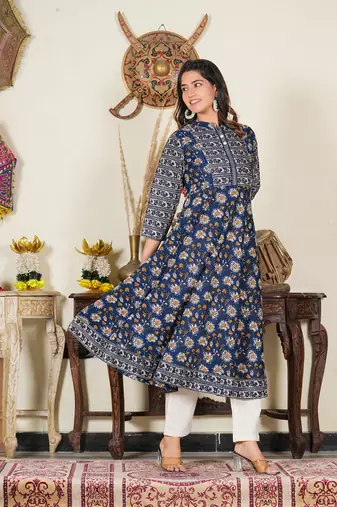  women's blue floral printed anarkali kurti (blue)