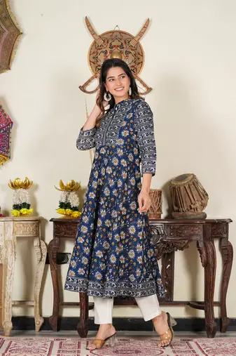  women's blue floral printed anarkali kurti (blue)