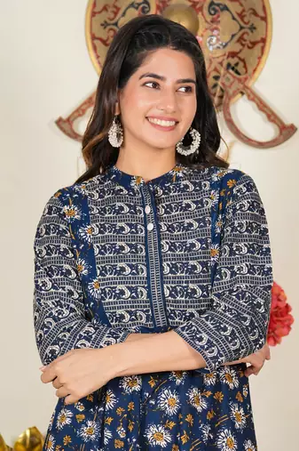  women's blue floral printed anarkali kurti (blue)
