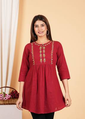  women's cotton mid thigh length embroidered 3/4th sleeve keyhole neck regular fitted short kurti 1