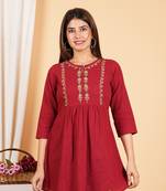 Yash gallery women's cotton mid thigh length embroidered 3/4th sleeve keyhole neck regular fitted short kurti