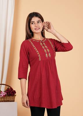  women's cotton mid thigh length embroidered 3/4th sleeve keyhole neck regular fitted short kurti 2