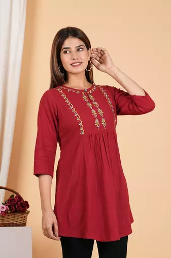  women's cotton mid thigh length embroidered 3/4th sleeve keyhole neck regular fitted short kurti