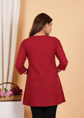  women's cotton mid thigh length embroidered 3/4th sleeve keyhole neck regular fitted short kurti 3