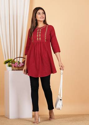  women's cotton mid thigh length embroidered 3/4th sleeve keyhole neck regular fitted short kurti 4