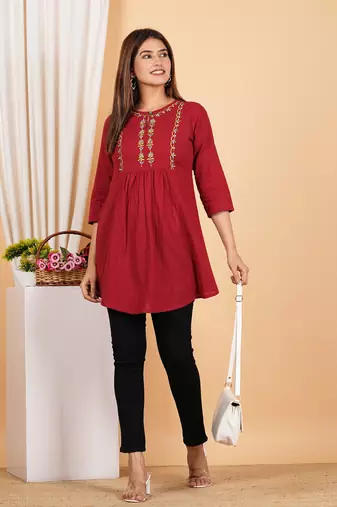  women's cotton mid thigh length embroidered 3/4th sleeve keyhole neck regular fitted short kurti