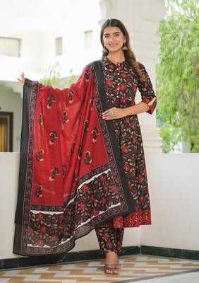  women's floral printed anarkali kurta with pants & dupatta set (black) 1