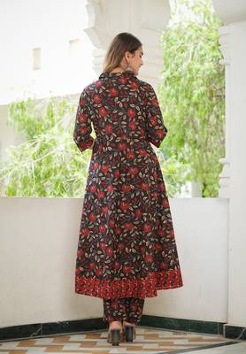  women's floral printed anarkali kurta with pants & dupatta set (black) 3