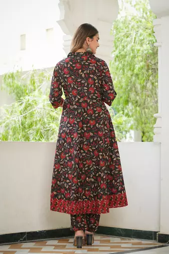  women's floral printed anarkali kurta with pants & dupatta set (black)