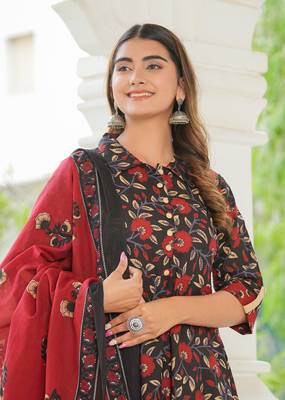  women's floral printed anarkali kurta with pants & dupatta set (black) 5