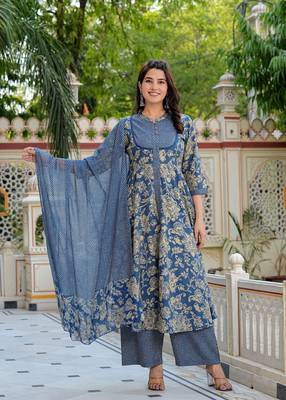  women's floral printed anarkali kurta with zig-zag printed pant & dupatta (blue) 2