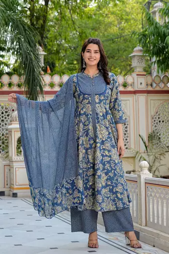  women's floral printed anarkali kurta with zig-zag printed pant & dupatta (blue)