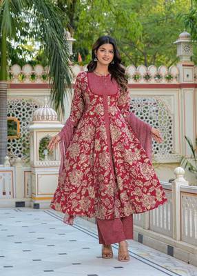  women's floral printed anarkali kurta with zig-zag printed pant & dupatta (maroon) 2