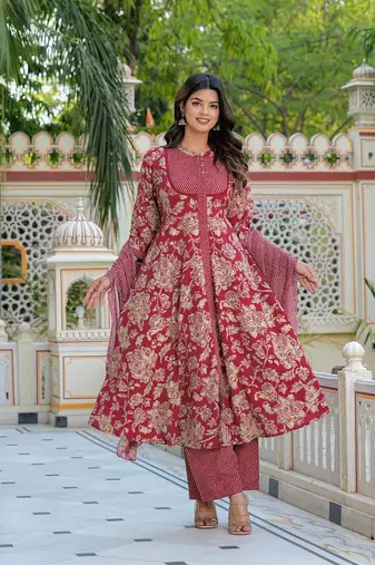 women's floral printed anarkali kurta with zig-zag printed pant & dupatta (maroon)