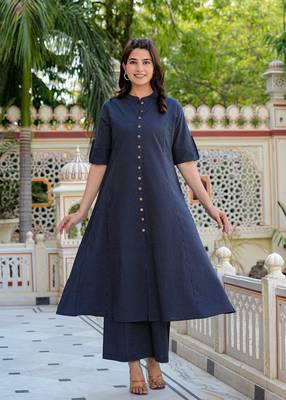  women's kantha stripe a-line kurta & pant set (blue) 1