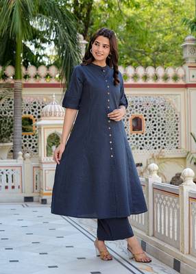  women's kantha stripe a-line kurta & pant set (blue) 2