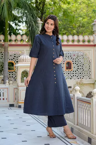  women's kantha stripe a-line kurta & pant set (blue)